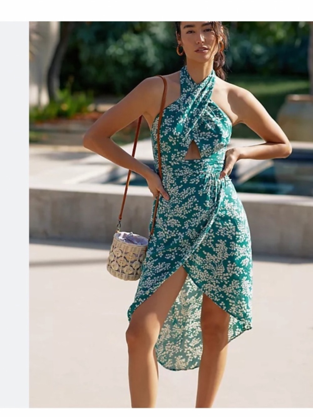 Green Floral Halter High-Low Dress